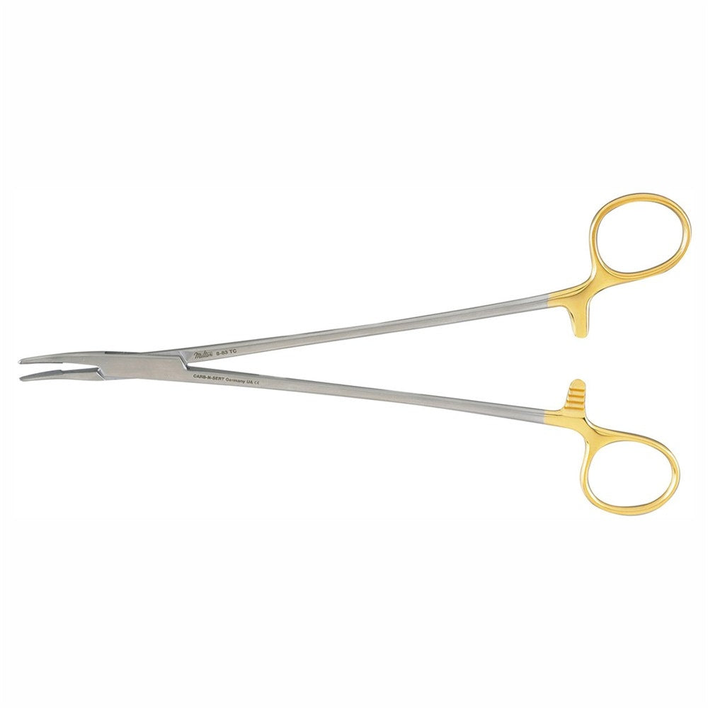 Miltex Julian Needle Holder, 8¼" (21 cm), Curved, Serrated Jaws, Tungsten Carbide, Fine Tips. MPN: 8-83TC