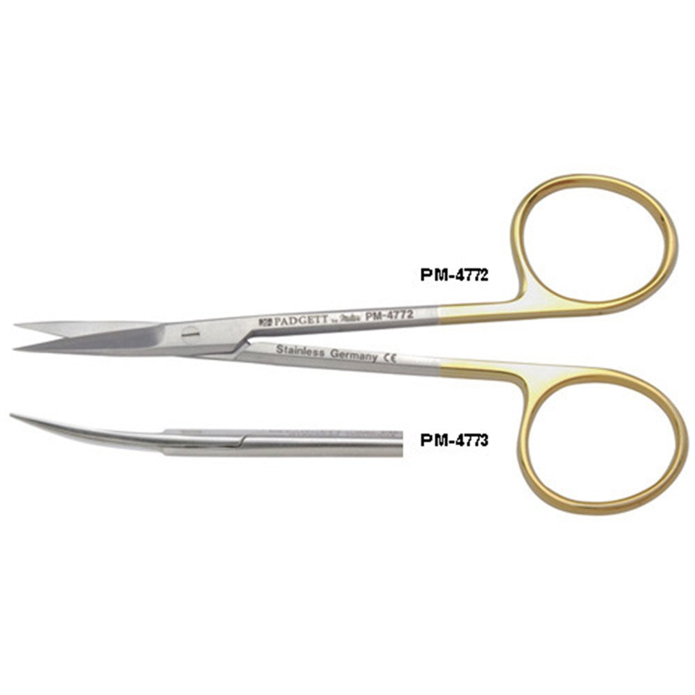 PADGETT Hood Iris Scissors, Tungsten Carbide, Curved, Square Shanks, Sharp, Length= 4-1/2" (114 mm). MPN: PM-4773