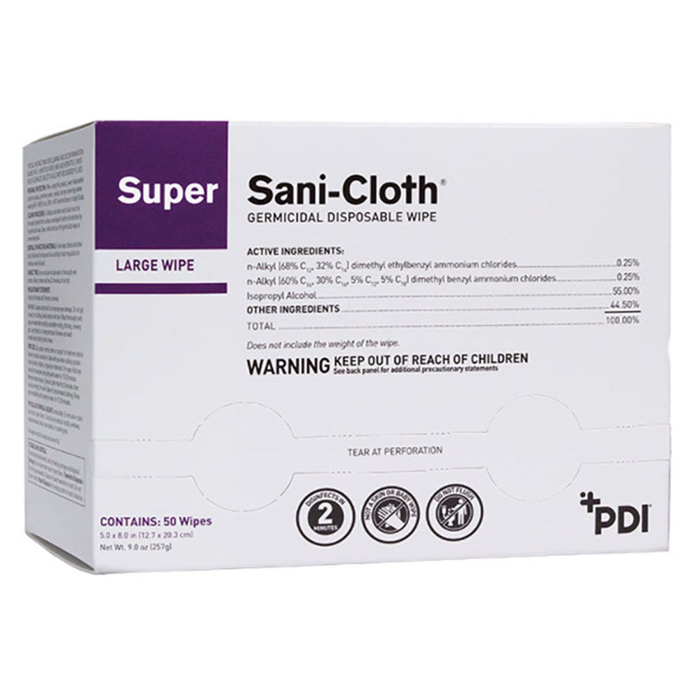 PDI SUPER SANI-CLOTH Germicidal Disposable Wipes, Large, Individual Packets, 5" x 8", 50/bx, 10 bx/cs. MPN: H04082