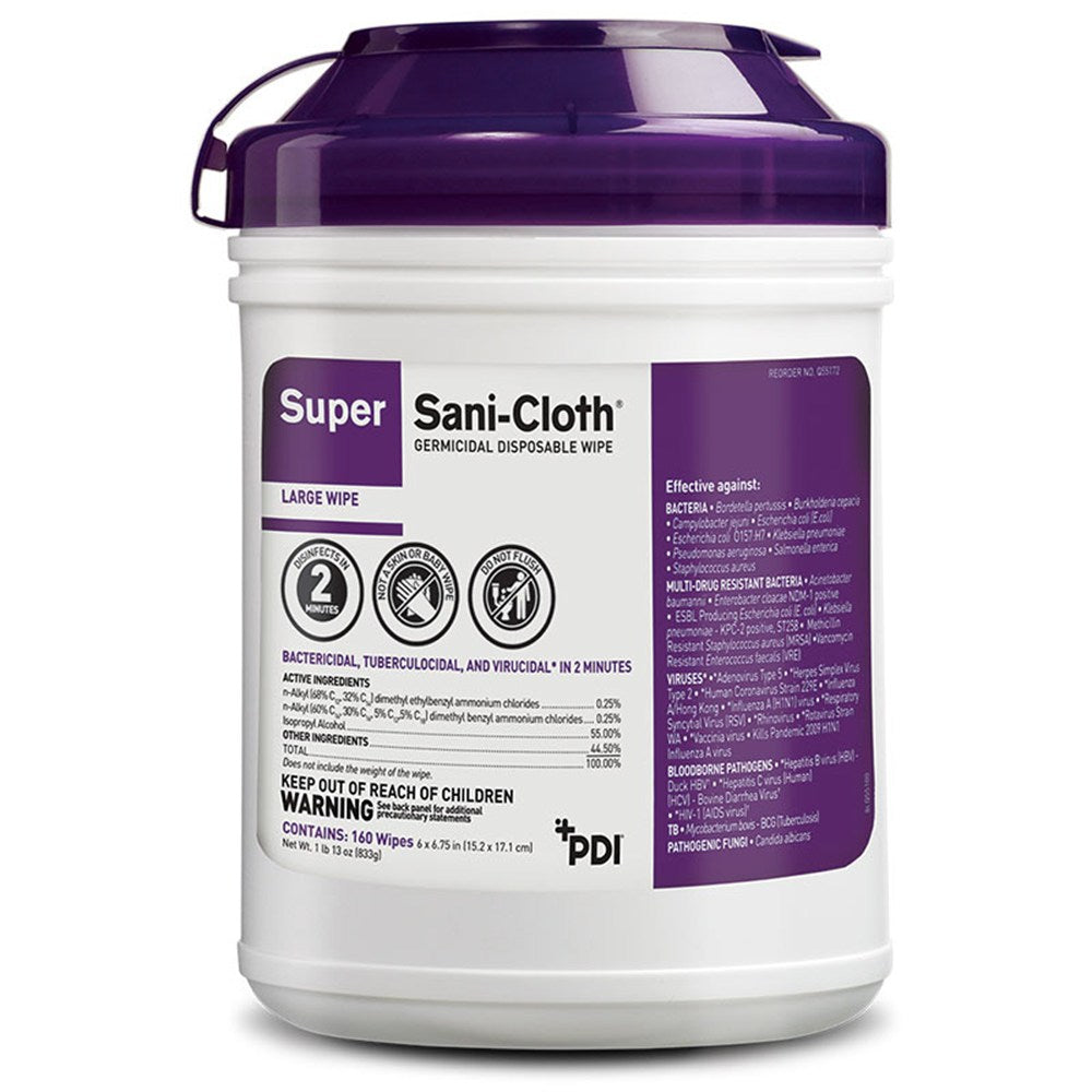 PDI SUPER SANI-CLOTH Germicidal Disposable Wipes, Large Canister, 6" x 6-3/4", 160/canister, 12 canister/cs. MPN: Q55172