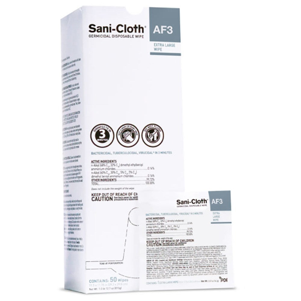 PDI SANI-CLOTH AF3 Germicidal Disposable Wipes, Individual Packets, X-Large, 11-1/2" x 11-3/4", 50/bx, 3 bx/cs. MPN: U27500