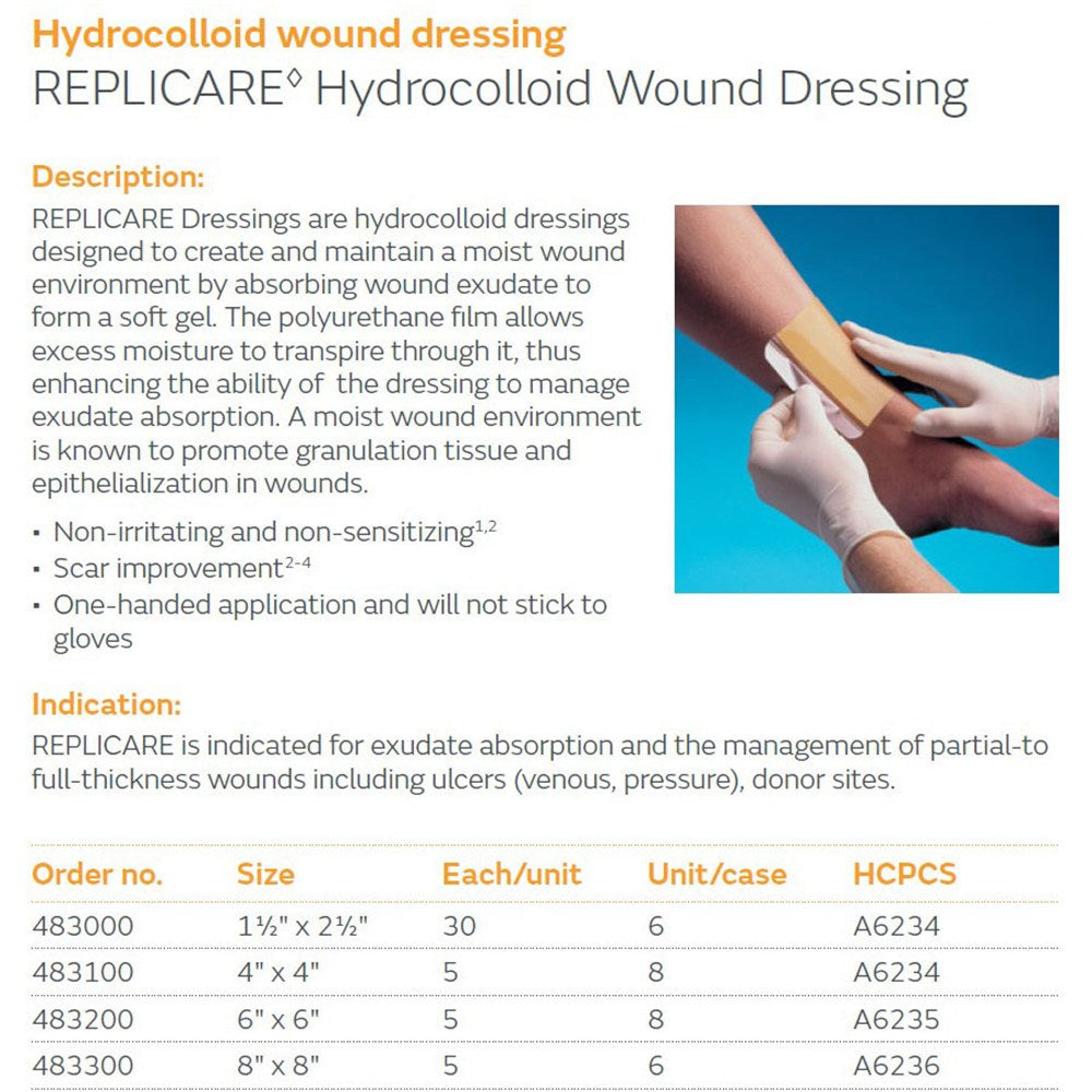 SMITH & NEPHEW REPLICARE Hydrocolloid Wound Dressing, 8" x 8", 5/pkg, 6 pkg/cs. MPN: 483300 - Image 2
