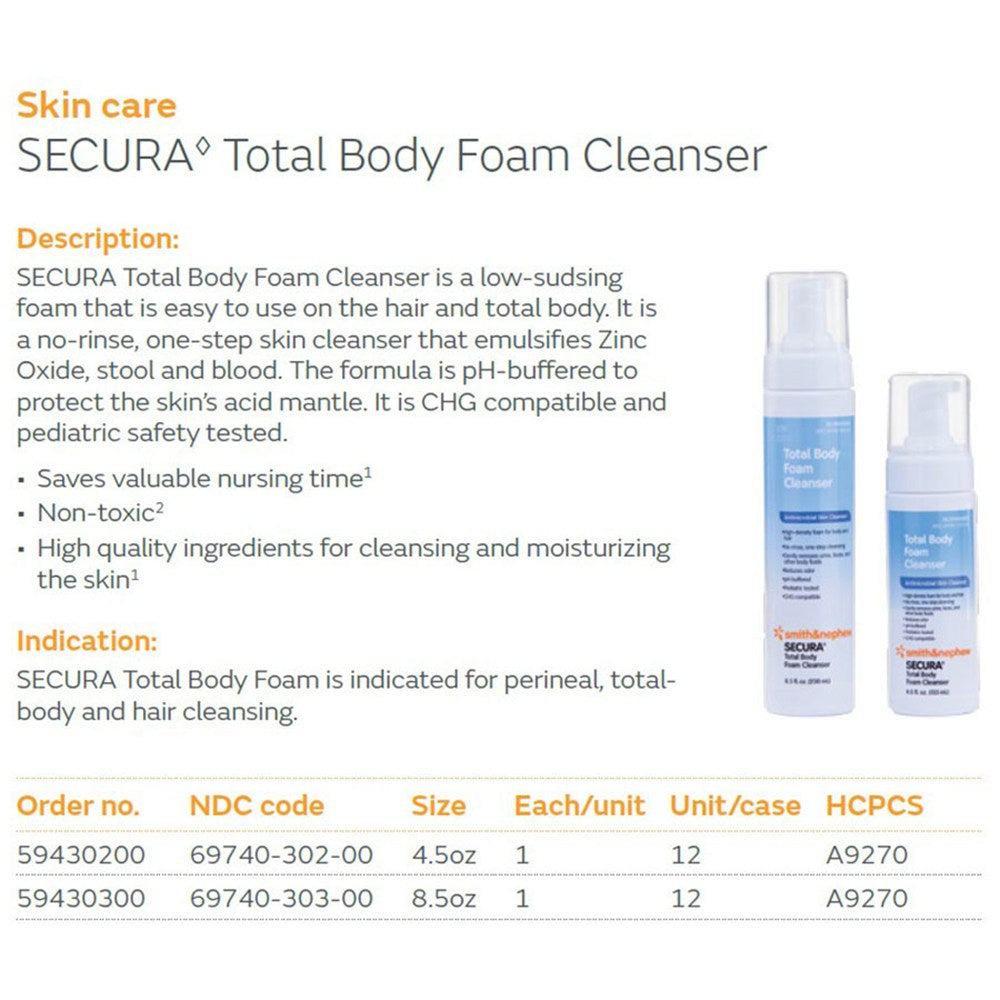 SMITH & NEPHEW SECURA Total Body Foam Cleanser, 8-1/2 oz, 12/cs. MPN: 59430300 - Image 2