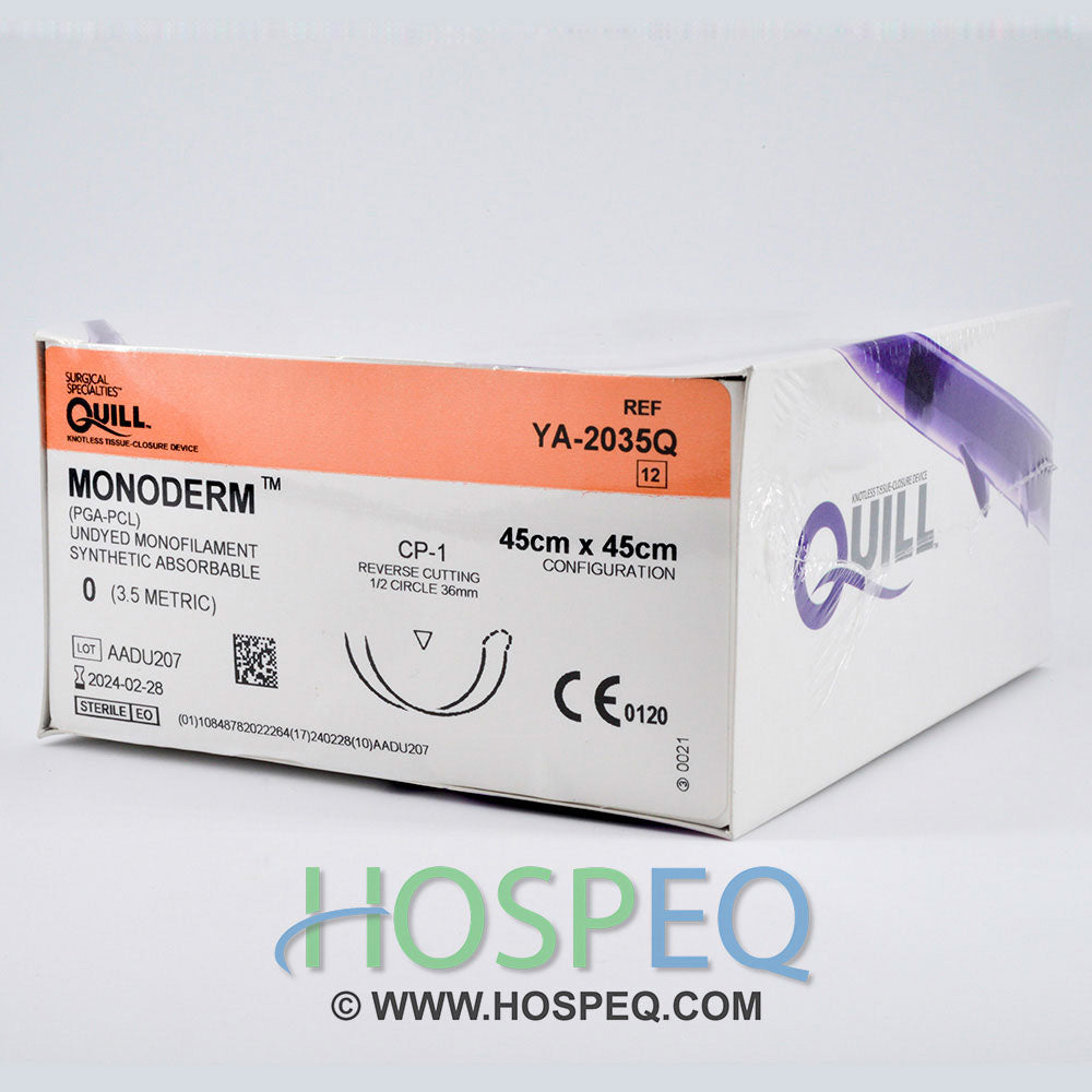QUILL Monoderm Suture, Reverse Cutting, 0, 45cm x 45cm, 36mm, 1/2 Circle. MPN: YA-2035Q