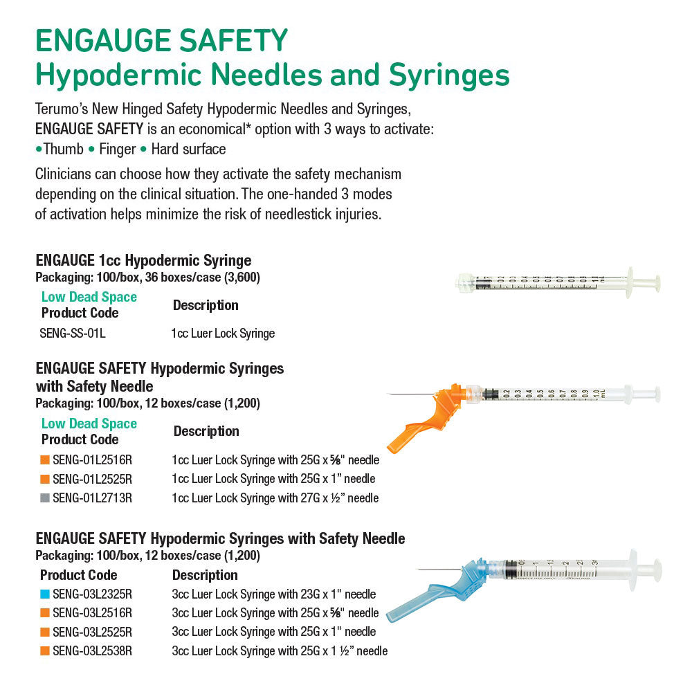 TERUMO ENGAUGE 3cc Hypodermic Syringe with Safety Needle, 25G x 5/8", 100/bx, 12 bx/cs. MPN: SENG-03L2516R - Image 2