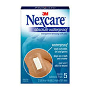 3M NEXCARE Absolute Waterproof Premium Adhesive Pads, 2 3/8" x 4", 5/box, 12 box/case. MPN: H3584