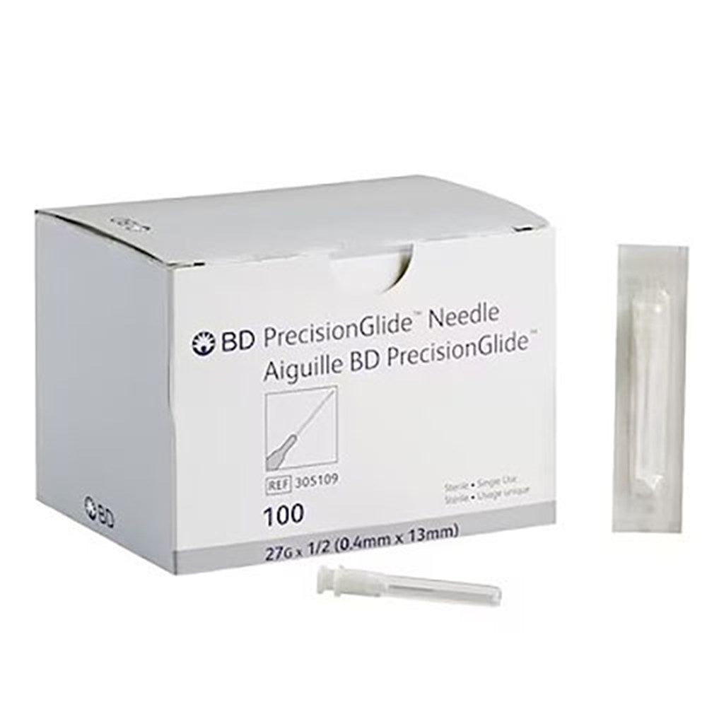 BD PrecisionGlide 27 G x -1/2" Needle, Regular Bevel, Sterile, 100/box, 10 box/case. MPN: 305109
