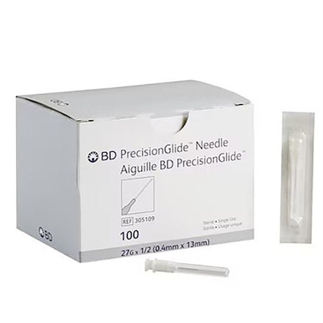 BD PrecisionGlide 27 G x -1/2" Needle, Regular Bevel, Sterile, 100/box, 10 box/case. MPN: 305109
