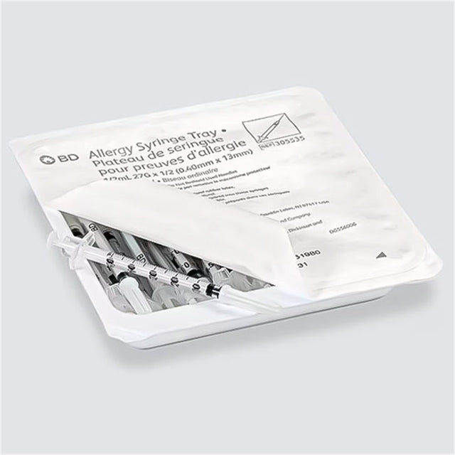 BD Allergist Tray, -1/2mL w/ Perm Attach Needle, 27 G x -1/2", Regular Bevel. MPN: 305535
