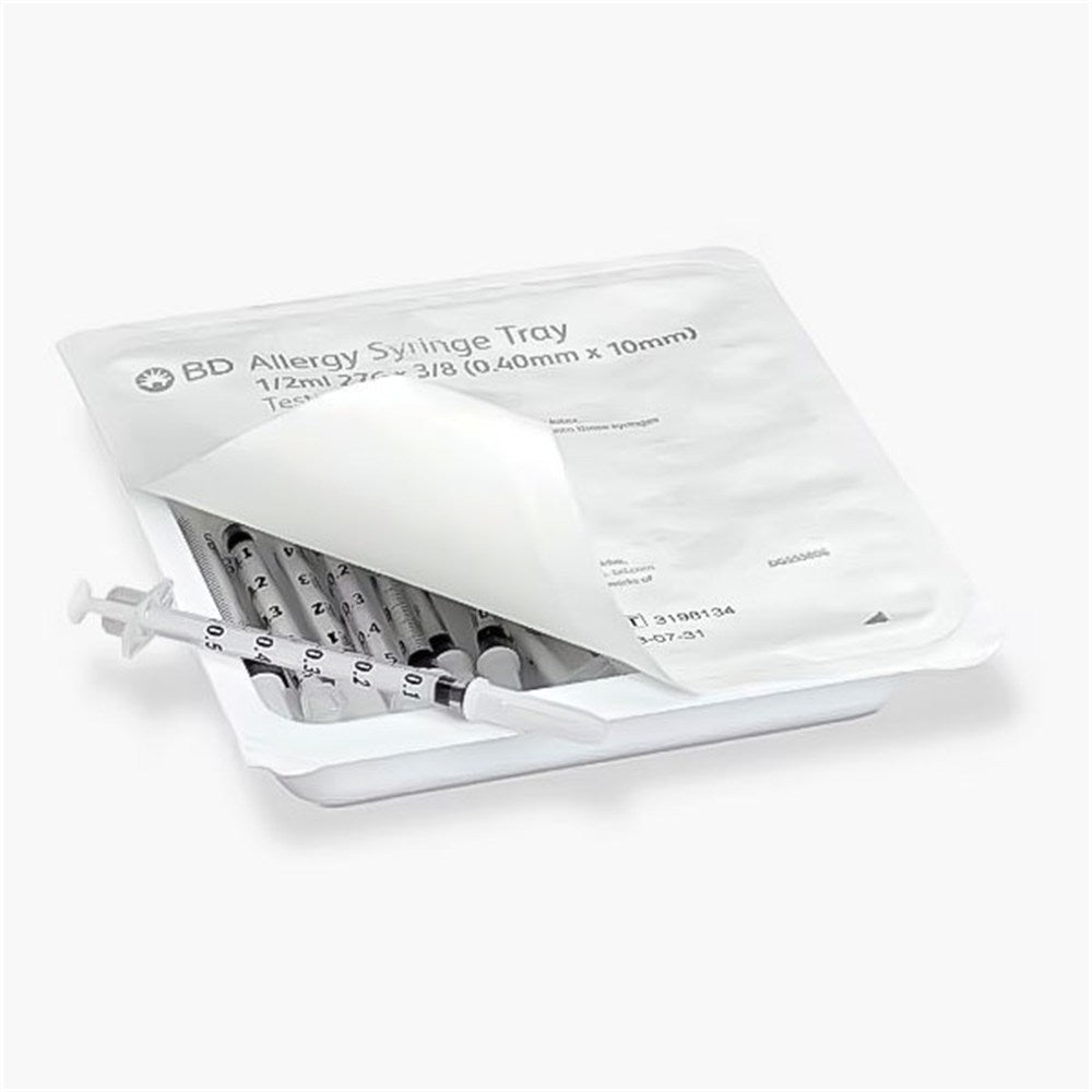 BD Allergist Tray, -1/2mL w/ Perm Attach Needle, 27 G x 3/8", Intradermal Bevel. MPN: 305536