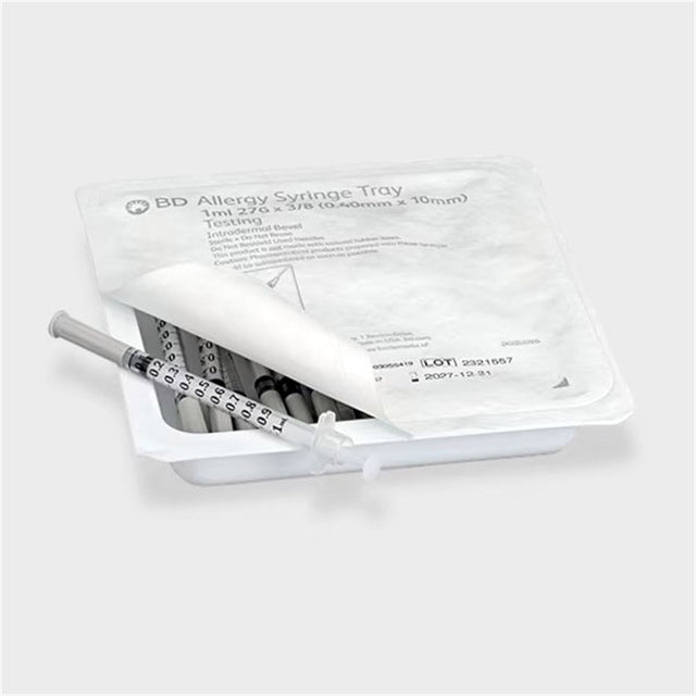 BD Allergist Tray, 1mL w/ Perm Attach Needle, 27 G x 3/8", Intradermal Bevel. MPN: 305541