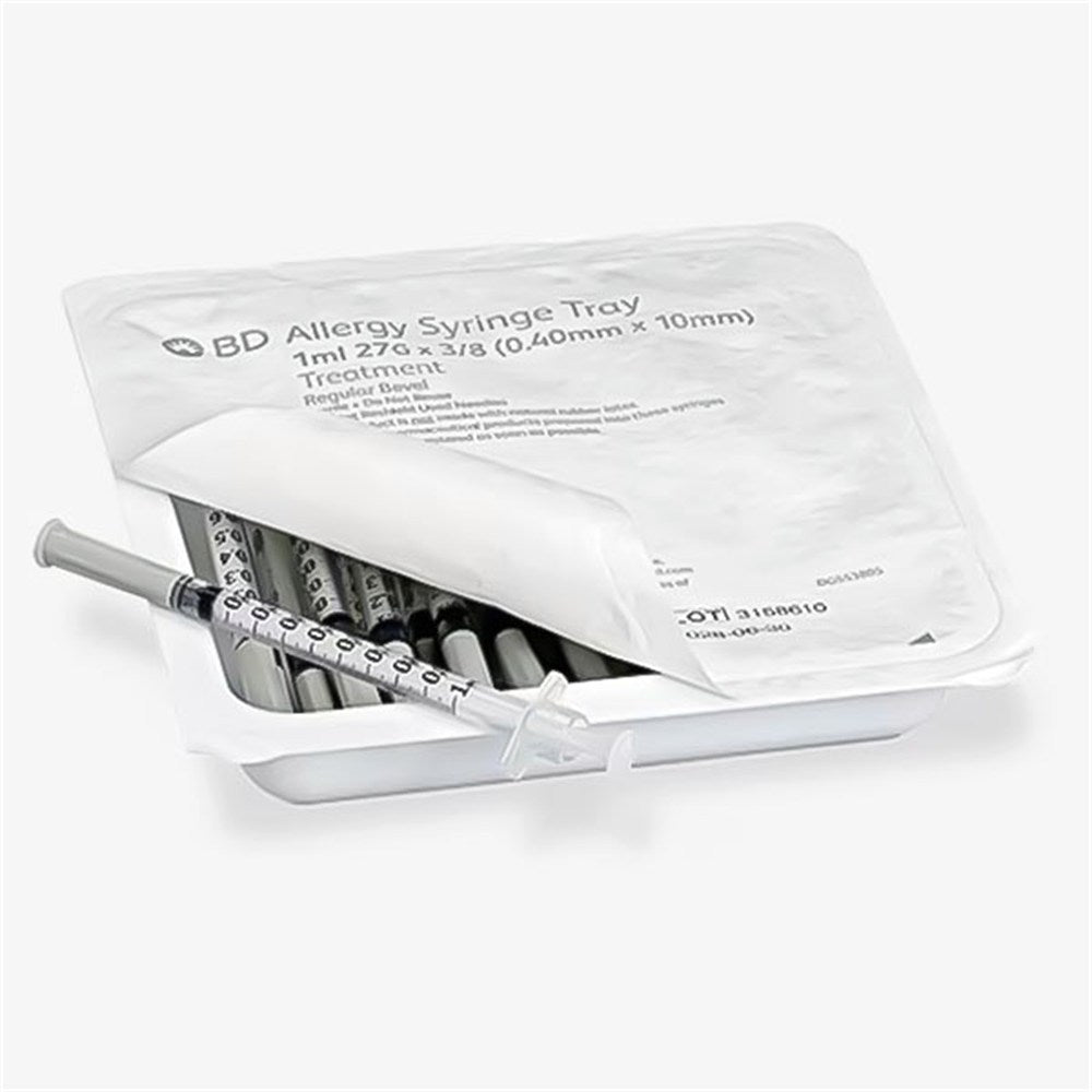 BD Allergist Tray, 1mL w/ Perm Attach Needle, 27 G x 3/8", Regular Bevel. MPN: 305542