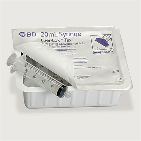 BD Syringe, 20mL w/ luer-Lok tip, Sterile Convenience Pak Tray, Latex Free (LF). MPN: 305617