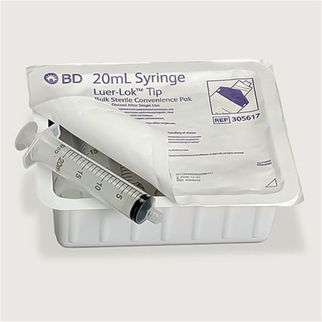 BD Syringe, 20mL w/ luer-Lok tip, Sterile Convenience Pak Tray, Latex Free (LF). MPN: 305617