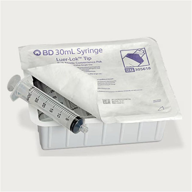 BD Syringe, 30mL w/ luer-Lok tip, Sterile Convenience Pak Tray, Latex Free (LF). MPN: 305618