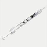 BD Tuberculin Syringe, -1/2mL w/ permanently attached needle, 27 G x -1/2", Regular Bevel. MPN: 305620