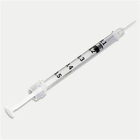 BD Tuberculin Syringe, -1/2mL w/ permanently attached needle, 27 G x -1/2", Regular Bevel. MPN: 305620