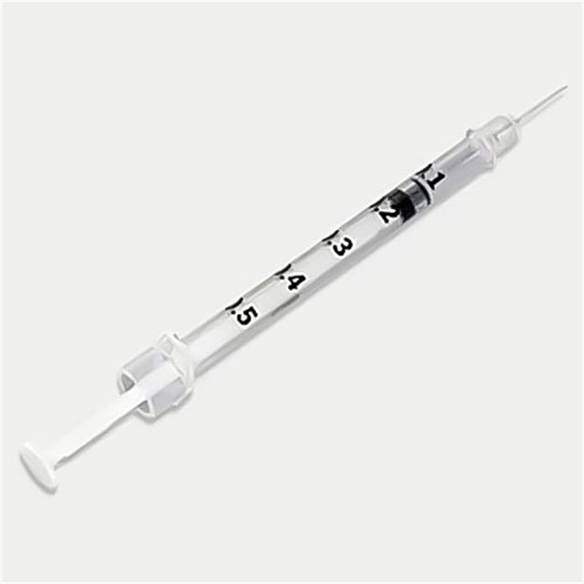 BD Tuberculin Syringe, -1/2mL w/ permanently attached needle, 27 G x -1/2", Regular Bevel. MPN: 305620