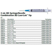 BD Syringe/Needle Combination, 3mL w/ luer-Lok tip, 25 G x 5/8", 100/box, 8 box/case. MPN: 309570