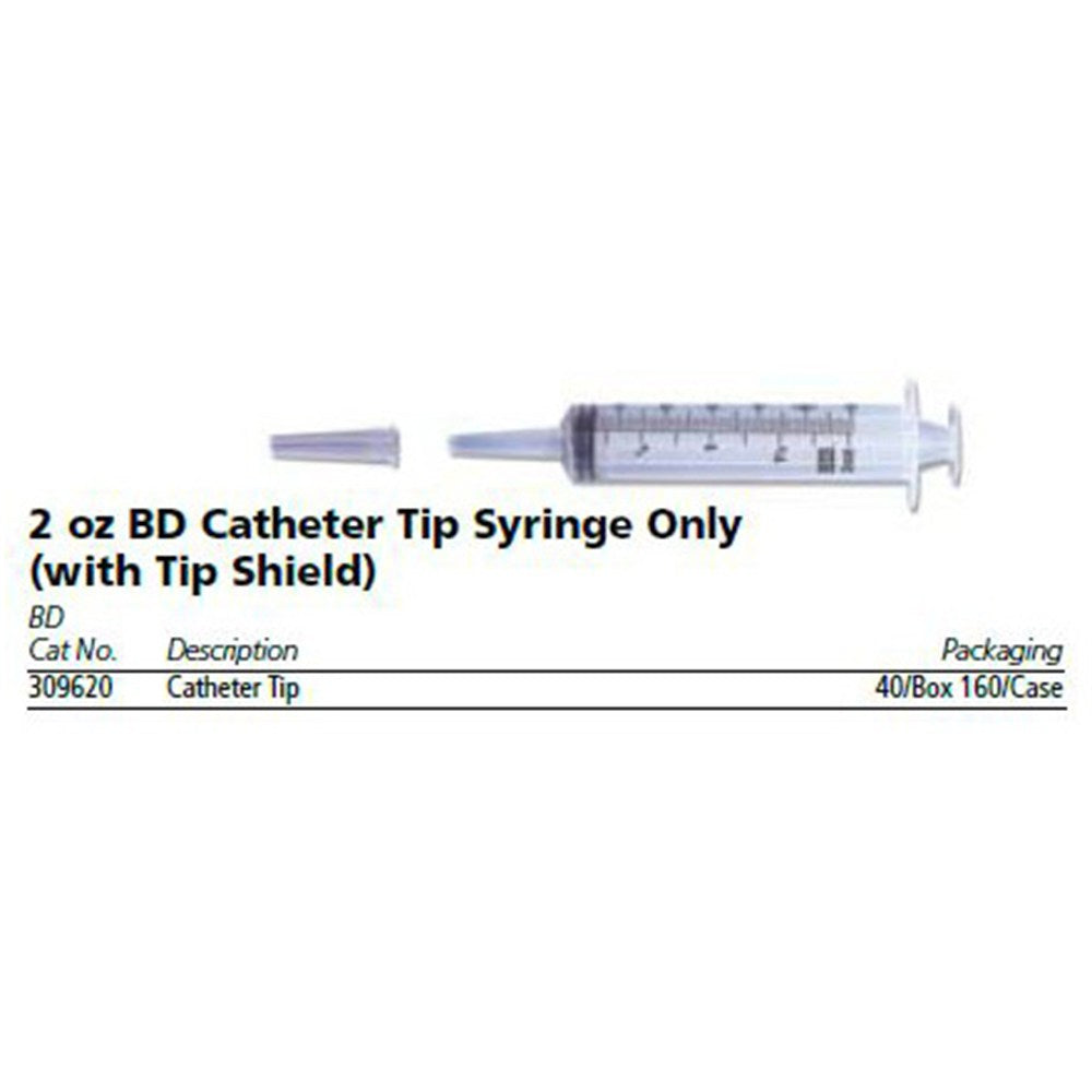 BD Catheter Tip Syringe w/ tip shield, 2 oz, 40/box, 4 box/case. MPN: 309620