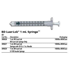 BD Luer-Lok Syringe Only, 1mL, 100/box, 8 box/case. MPN: 309628