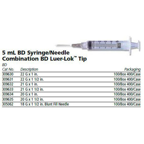 BD Syringe/Needle Combination, 5mL w/ luer-Lok tip, 21 G x 1", 100/box, 4 box/case. MPN: 309632