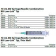 BD Syringe/Needle Combination, 10mL w/ luer-Lok tip, 21 G x 1-1/2", 100/box, 4 box/case. MPN: 309643