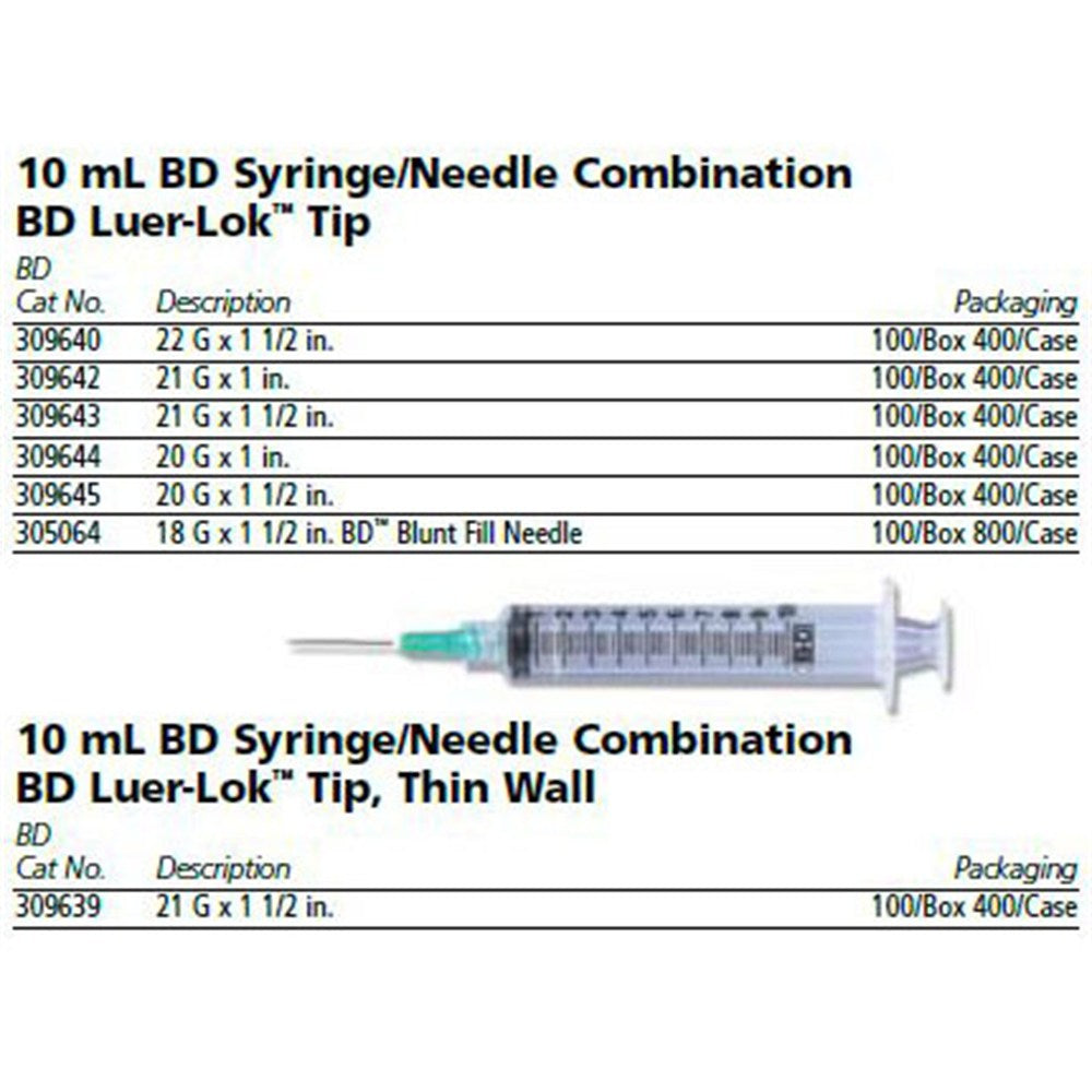 BD Syringe/Needle Combination, 10mL w/ luer-Lok tip, 21 G x 1-1/2", 100/box, 4 box/case. MPN: 309643