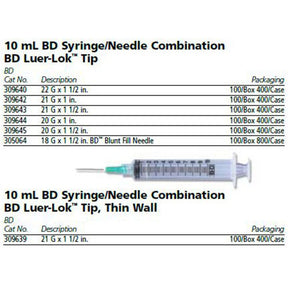 BD Syringe/Needle Combination, 10mL w/ luer-Lok tip, 21 G x 1-1/2", 100/box, 4 box/case. MPN: 309643