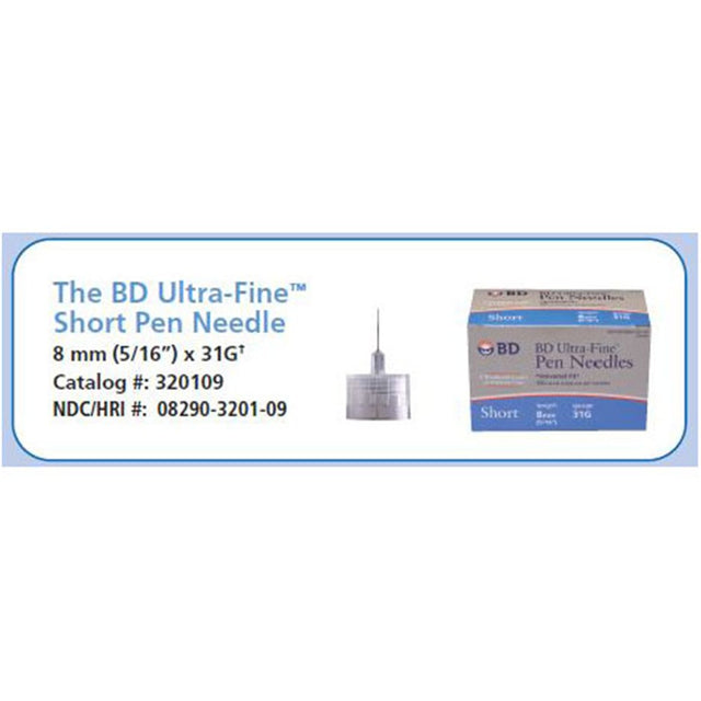 BD Ultra-Fine III, Short, 31G x 8mm, 100/box, 12 box/case. MPN: 320109