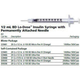 BD Insulin Syringe, -1/2mL Lo-Dose,, 31Gx5/16", U-100 Ultra-Fine Short, 100/box, 5 box/case. MPN: 328468