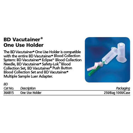 BD VACUTAINER One Use Needle Holder, Clear, 250/bag, 4 bag/case. MPN: 364815
