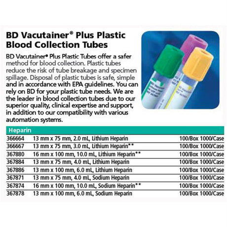 BD VACUTAINER Plus Plastic Plasma Tube, 13x75mm, 4.0mL, Green, 100/pack. MPN: 367884