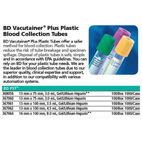 BD VACUTAINER Plus Plastic Plasma Tube, 13x75mm, 3.0mL, Lt Green, 100/pack. MPN: 367960