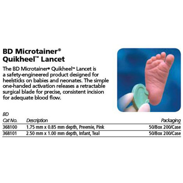 BD MICROTAINER QuikHeel Preemie Lancet, Pink, .85mm ID, 1.75mm IL, 50/box, 4 box/case. MPN: 368100