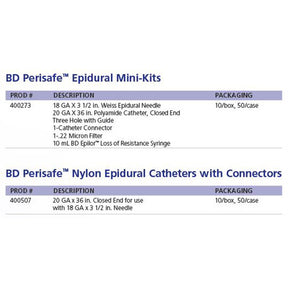 BD Perisafe 20ga x 36" Closed End Epidudral Catheter, 3-Hole w/ guide, 10/box, 5 box/case. MPN: 400507