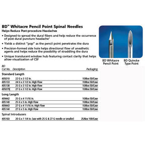 BD WHITACARE Pencil Point Spinal Needle, 27 G x 3-1/2", High Flow, Grey, 10/box, 5 box/case. MPN: 405079