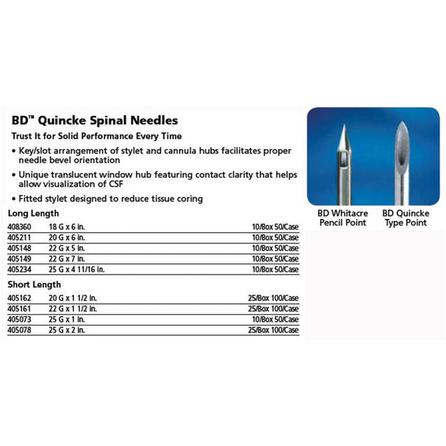 BD QUINCKE Spinal Needle, 20 G x 1-1/2", Yellow, 25/box, 4 box/case. MPN: 405162