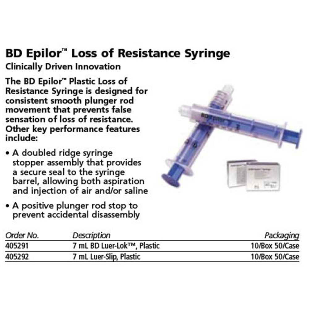 BD Epilor 7cc Luer-Lok Plastic Loss Of Resistance Syringe, 10/box, 5 box/case. MPN: 405291