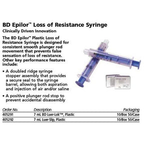 BD Epilor 7cc Luer-Lok Plastic Loss Of Resistance Syringe, 10/box, 5 box/case. MPN: 405291