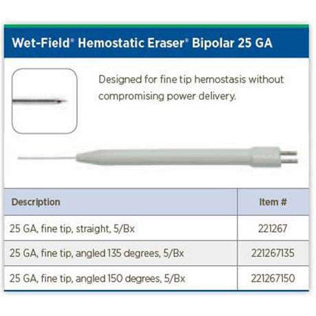 Wet-Field Hemostatic Eraser, Bipolar, 25G Fine Tip, 150° Angled. MPN: 221267150