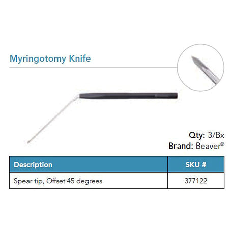 Beaver Myringotomy Knife, Spear Tip, Narrow Shaft, 45° Offset. MPN: 377122