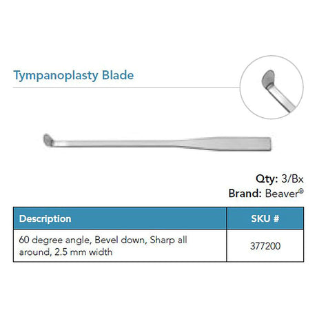 Beaver Tympanoplasty Blade, 2.5 mm, 60° Bevel Down. MPN: 377200