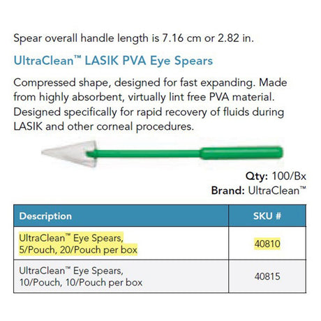UltraClean LASIK PVA Eye Spears, Green Handle, 5 per Pouch, 100/box. MPN: 40810
