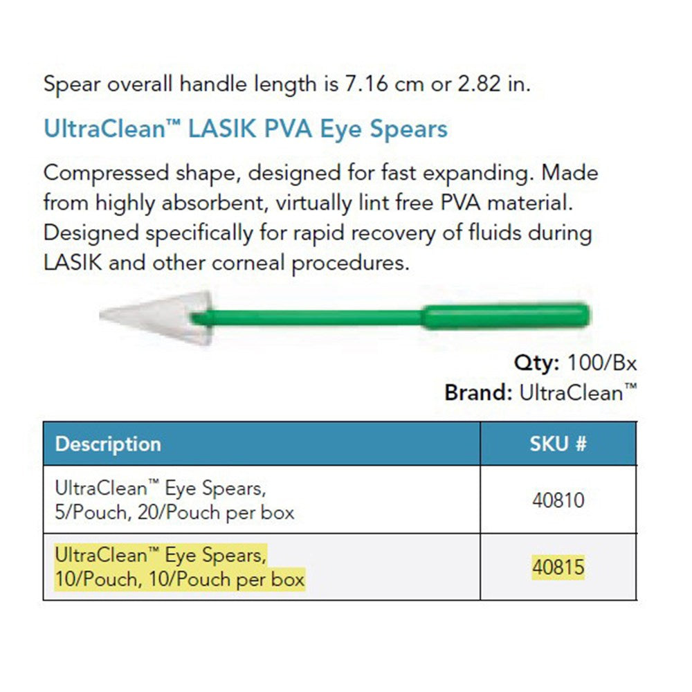 UltraClean LASIK PVA Eye Spears, Green Handle, 10 per Pouch, 100/box. MPN: 40815