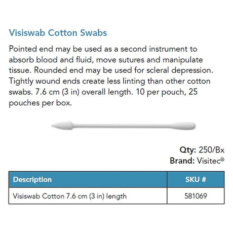 Visitec Visiswab Cotton Swabs, 7.6 cm (3 in), 250/box. MPN: 581069