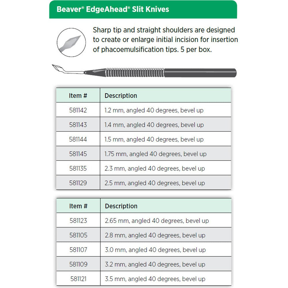 Beaver EdgeAhead Phaco Slit Knife, 3.2 mm, 40° Angled, Bevel Up. MPN: 581109