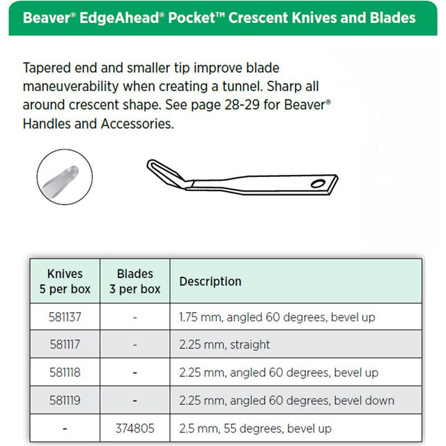 Beaver EdgeAhead Pocket Crescent Knife, 2.25 mm, 60°, Bevel Up. MPN: 581118
