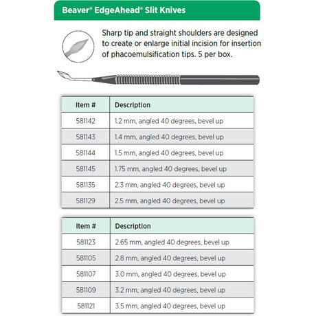 Beaver EdgeAhead Phaco Slit Knife, 3.5 mm, 40° Angled, Bevel Up. MPN: 581121