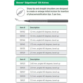 Beaver EdgeAhead Phaco Slit Knife, 2.5 mm, 40° Angled, Bevel Up. MPN: 581129